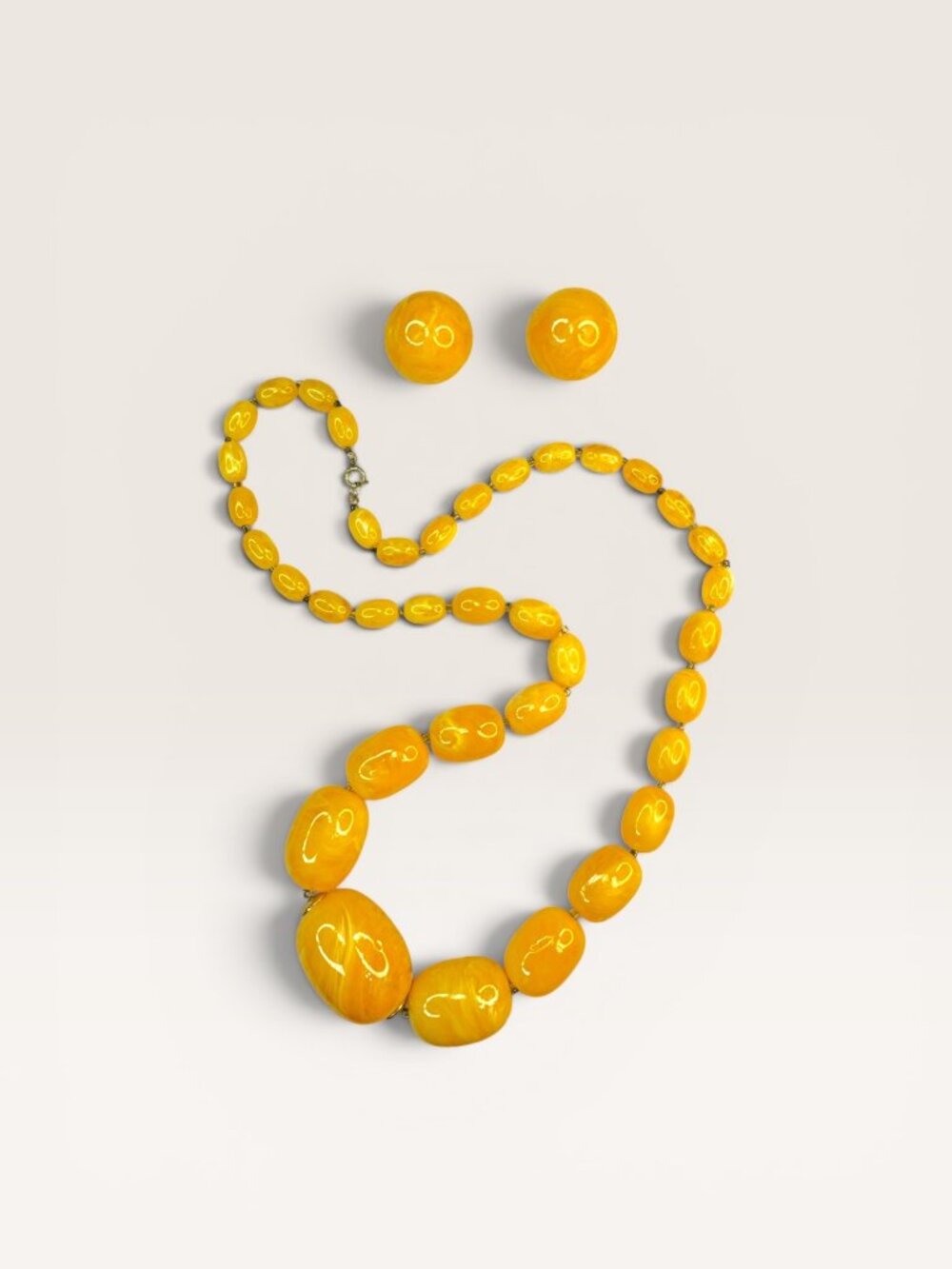 1960s Yellow Swirl Resin Bead Necklace Clip Earrings Set Hong Kong